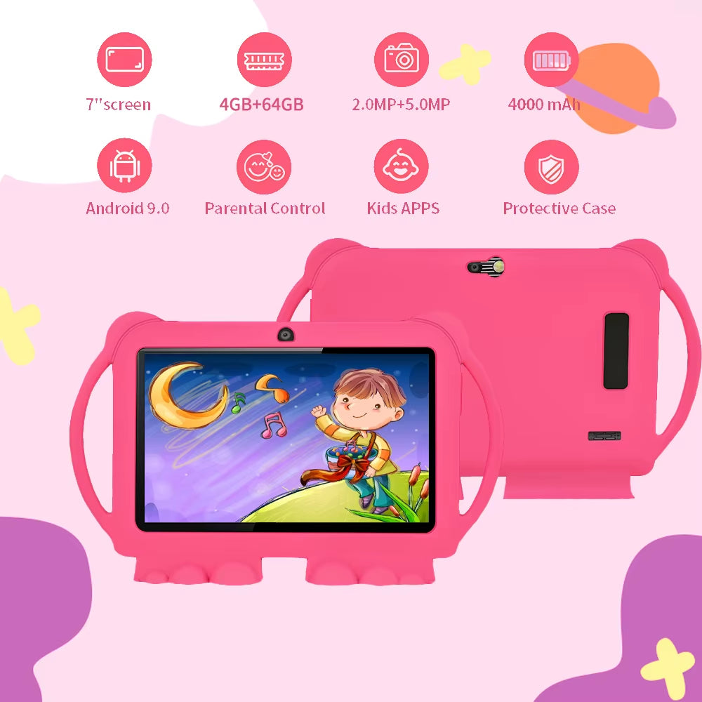 2024 Newest 7 Inch Kids Tablet Quad Core Android 9.0 64GB Wifi Bluetooth Educational Software Installed