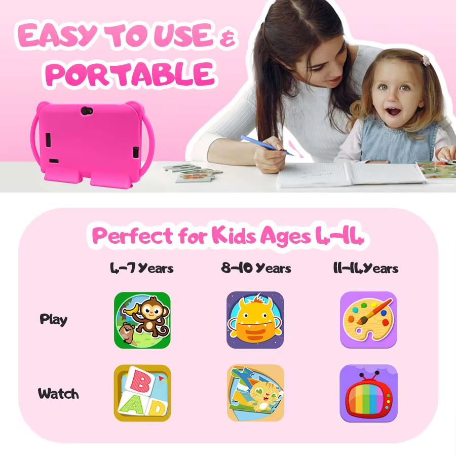 7 Inch Android 14 Kids Tablet, 4GB RAM+32GB ROM, 2.4G WIFI, BT 4.2, Eye Protection IPS Screen, with Parental Controls