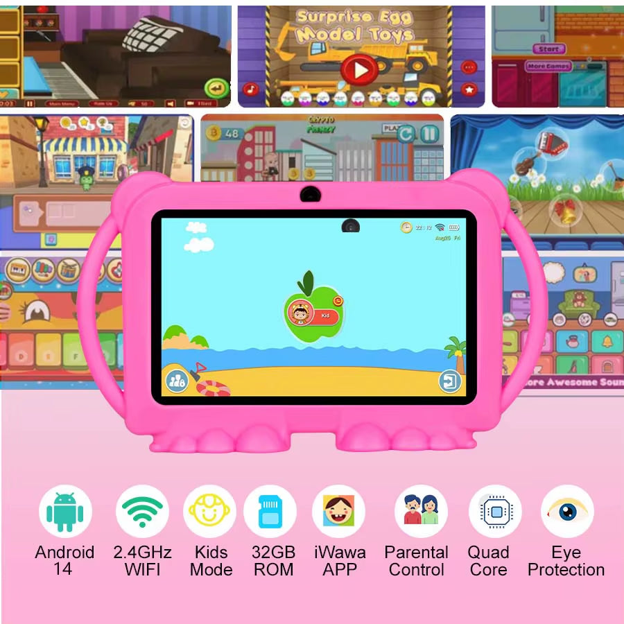 7 Inch Android 14 Kids Tablet, 4GB RAM+32GB ROM, 2.4G WIFI, BT 4.2, Eye Protection IPS Screen, with Parental Controls